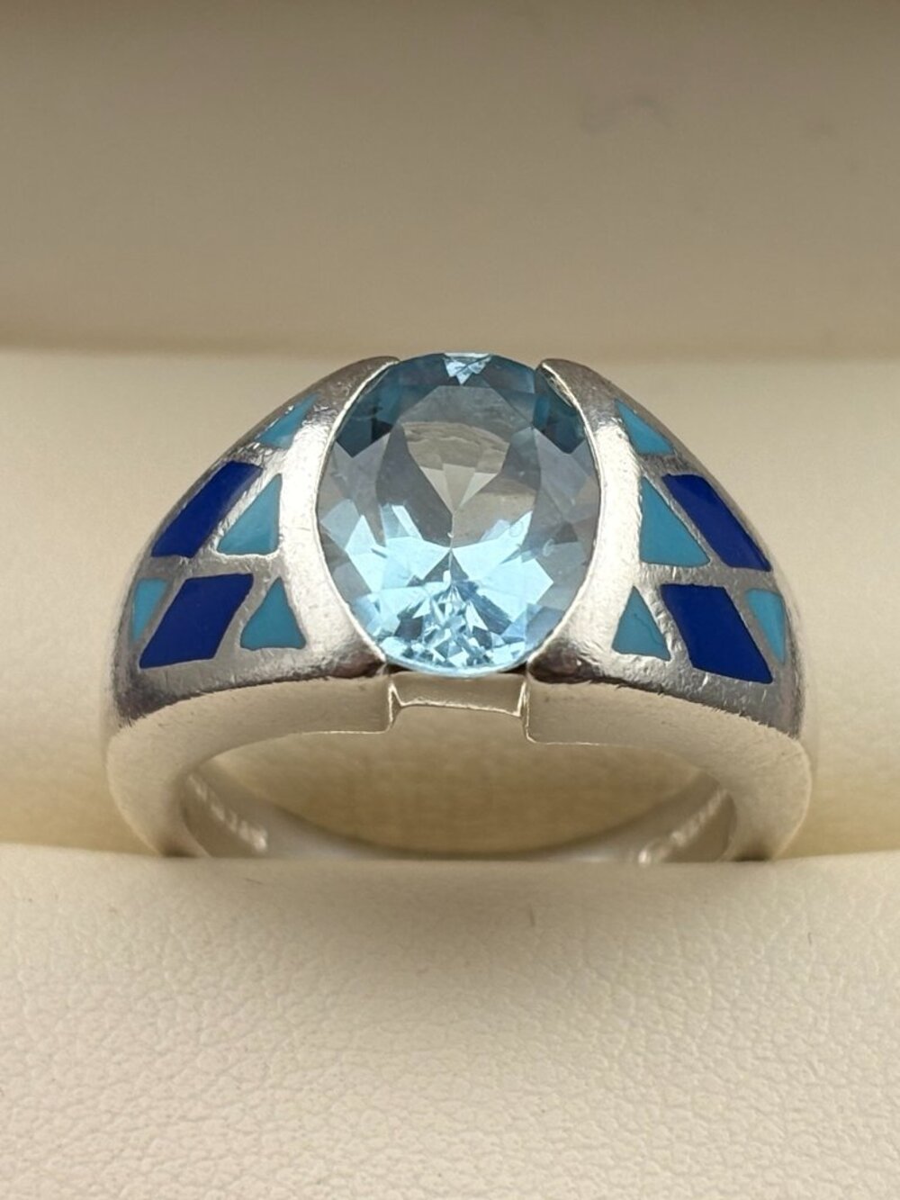 .925 Sterling Silver Turquoise Lapis Inlay Blue Topaz Kabana Ring Sz. 5.75